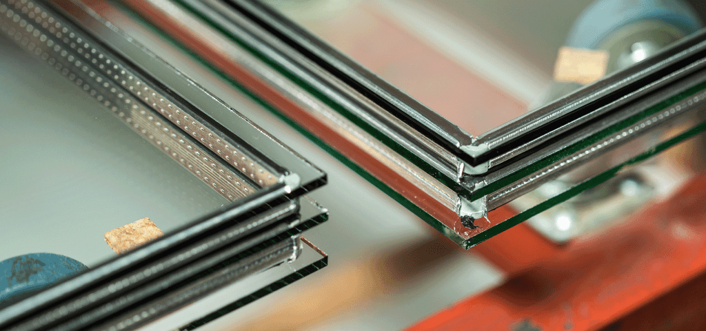 close up shot of sealed double glazed glass units on a trolley