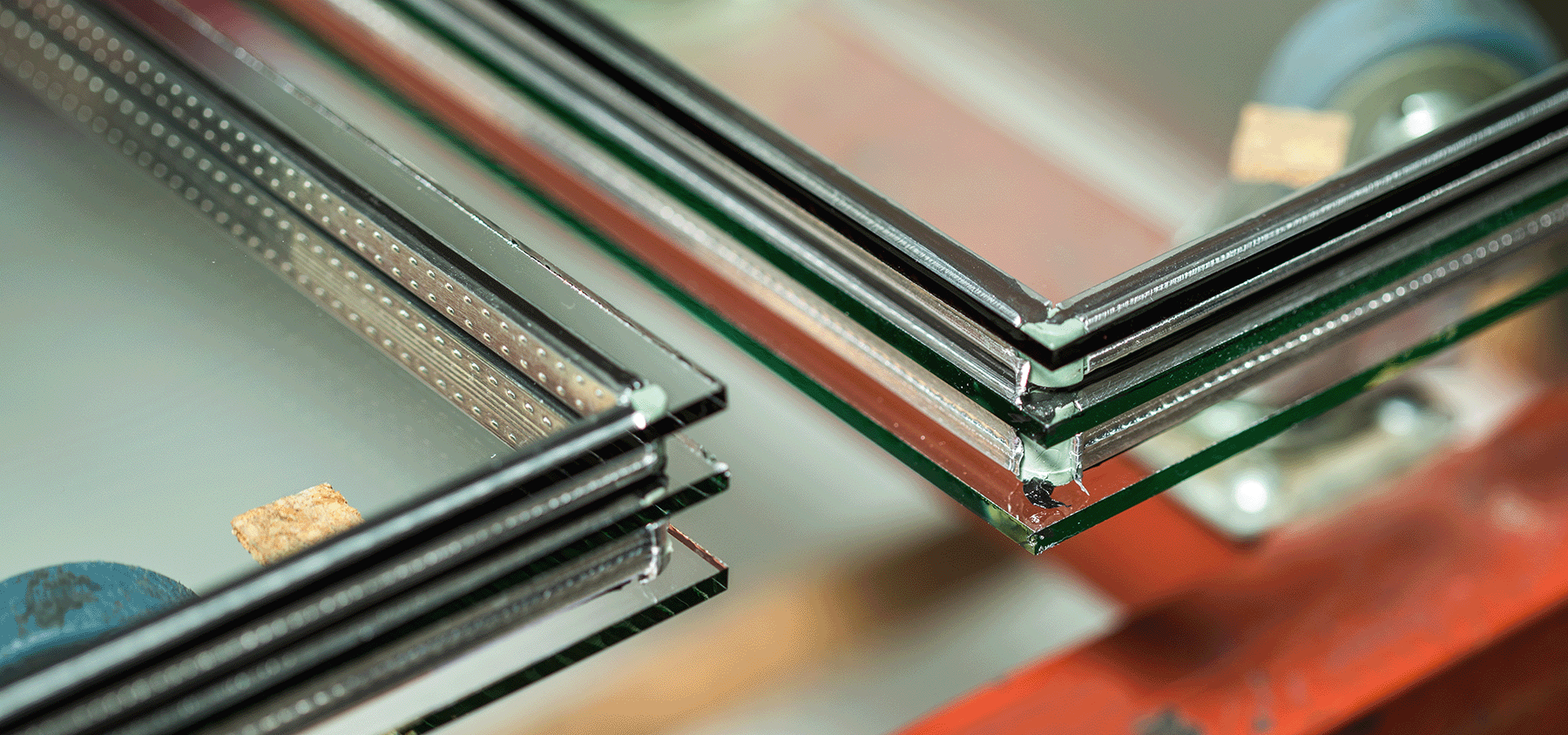 close up shot of sealed double glazed glass units on a trolley