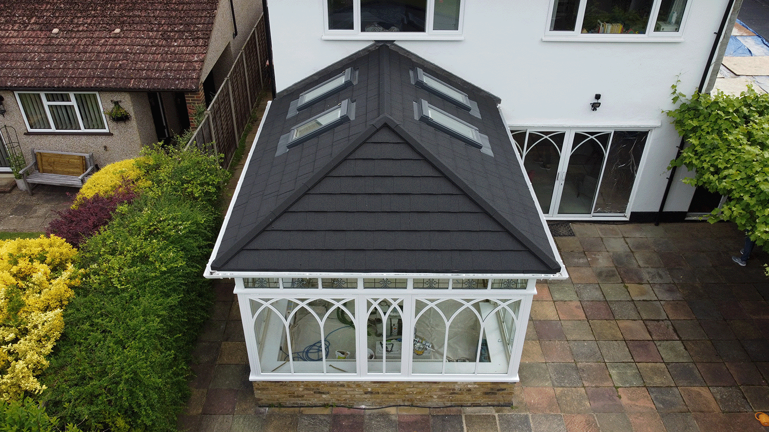 brown tiled conservatory roof viewed from above