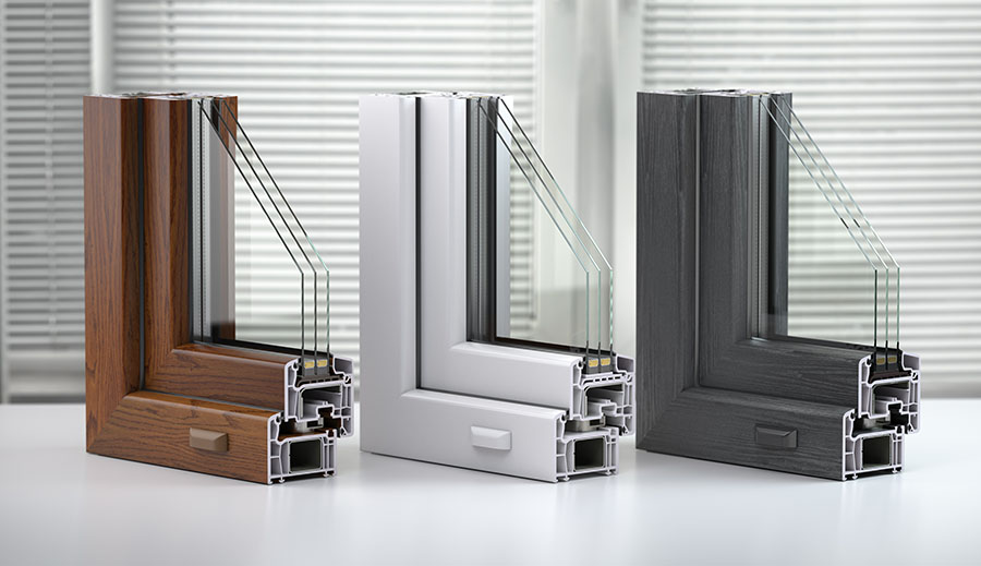 Plastic windows profile PVC of different colours in section on th