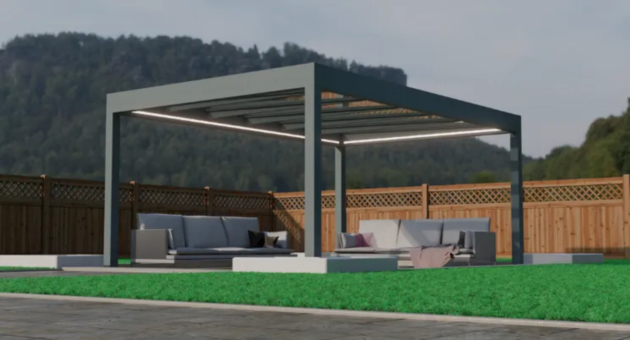 Freestanding, modern grey veranda structure with linear LED lighting, sheltering two outdoor sofas on a raised patio in a backyard setting.